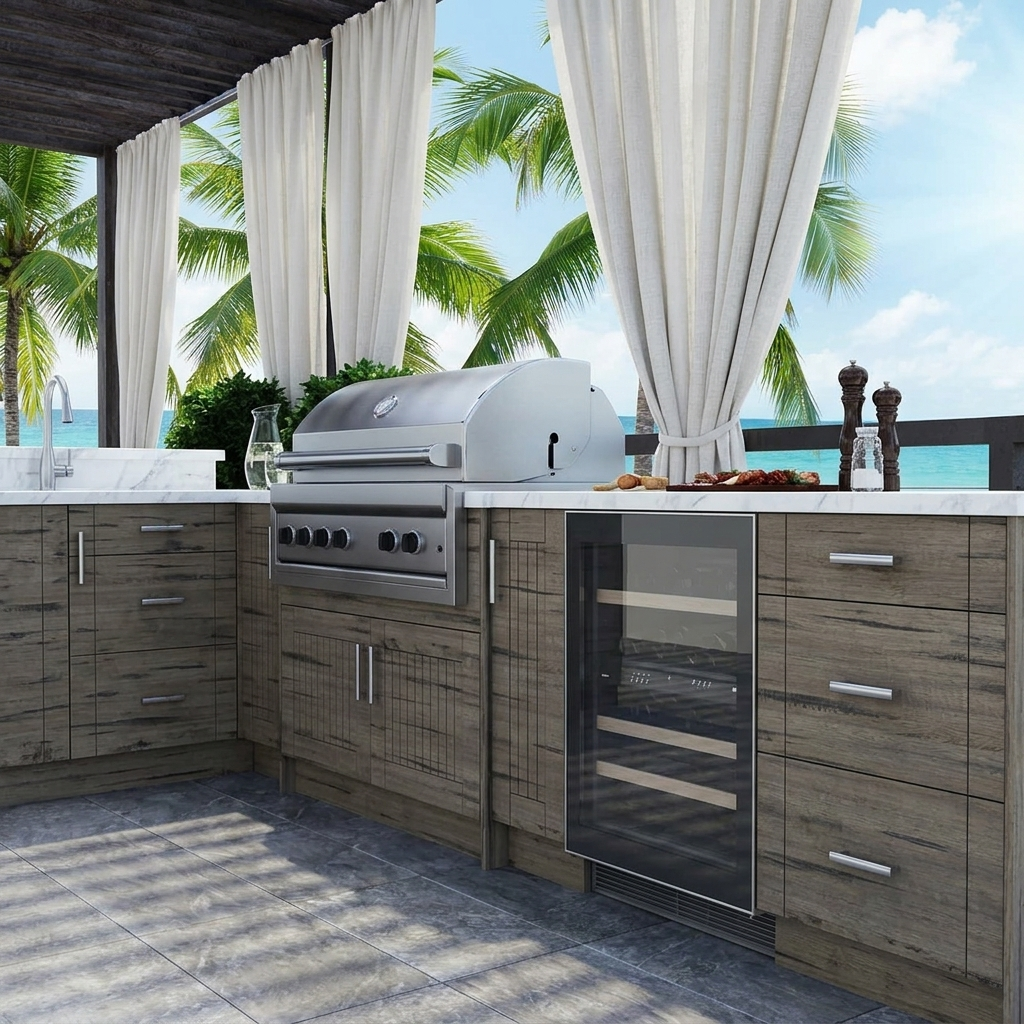WeatherStrong Weatherwood outdoor cabinet run with grill and drawers